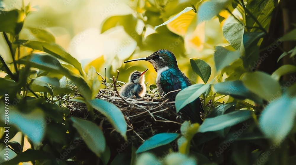 Obraz premium A hummingbird and its chick in a nest surrounded by dense foliage, capturing a moment of natural harmony