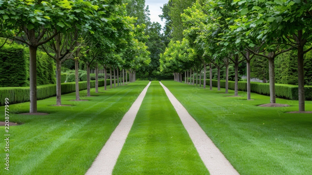 Obraz premium Serene Pathway Through Lush Green Trees in a Well-Maintained Garden Landscape