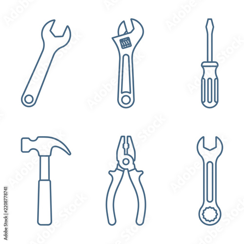 Hand Tools Set Line Art: Wrench, Screwdriver, Hammer, Pliers, Spanner, and Adjustable Tool
