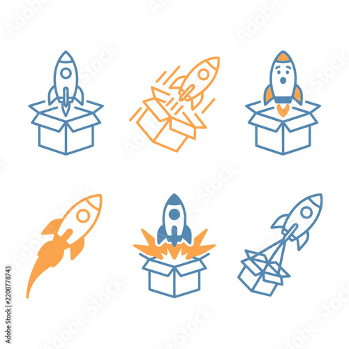 Rocket Launching From Open Box Icon Set With Startup Business Concept And Delivery