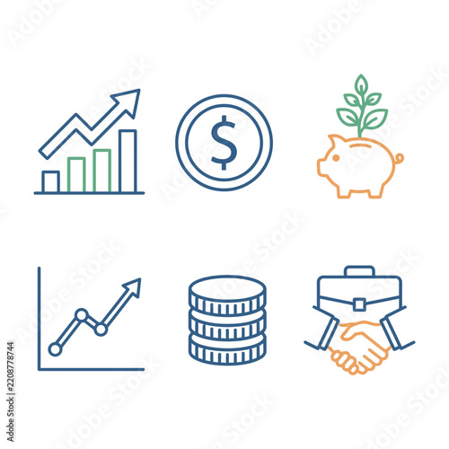 Business Finance Icon Set: Growth Chart, Dollar Coin, Piggy Bank, Coins, Handshake