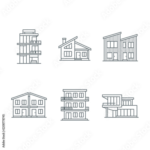 Set of Minimalist Line Art House and Building Sketches on White