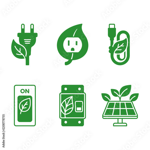 Green energy icons with leaves and technology symbols