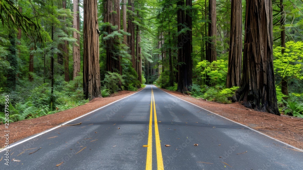 Obraz premium Majestic Scenic Road Through Lush Redwood Forest Under Vibrant Green Canopy in Midday Light