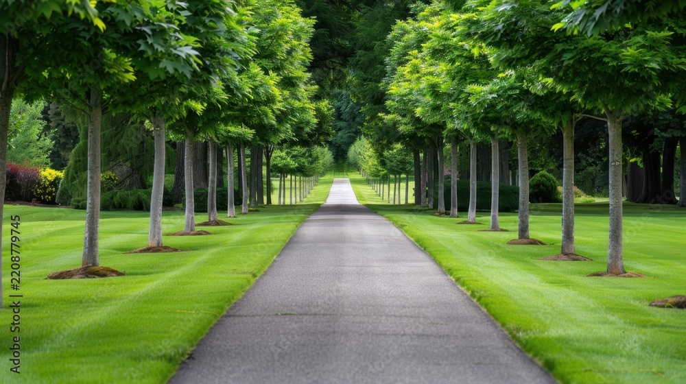Obraz premium Serene Tree-Lined Pathway Inviting Tranquility in Lush Green Landscape with Freshly Cut Grass and Natural Beauty