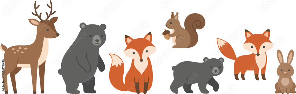 Obraz premium A collection of cute woodland animals including a deer bear fox squirrel and rabbit.