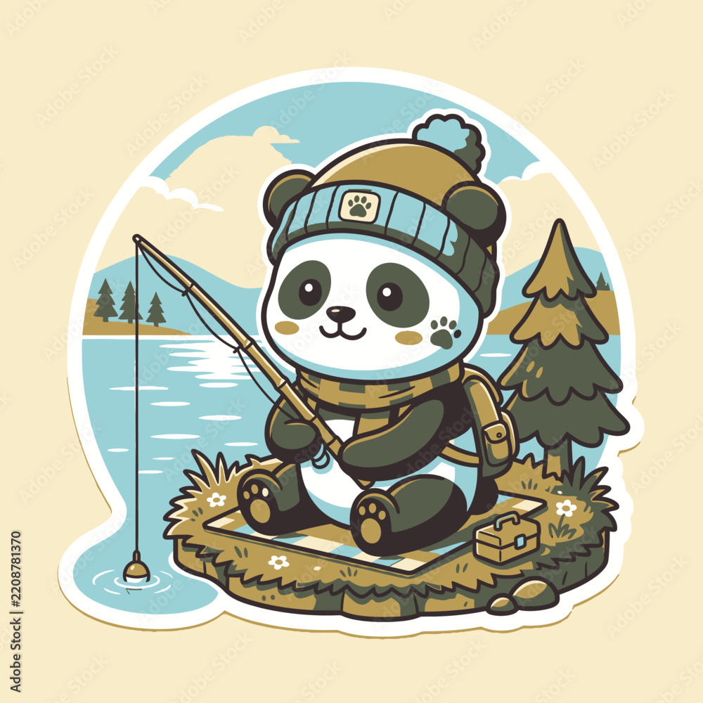Fototapeta premium Cute Panda Fishing in a Winter Hat and Scarf