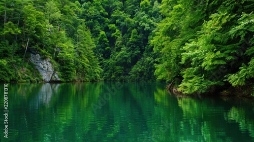 Serene Reflection of Lush Green Forest and Calm Water Under Clear Blue Sky in Tranquil Nature Setting