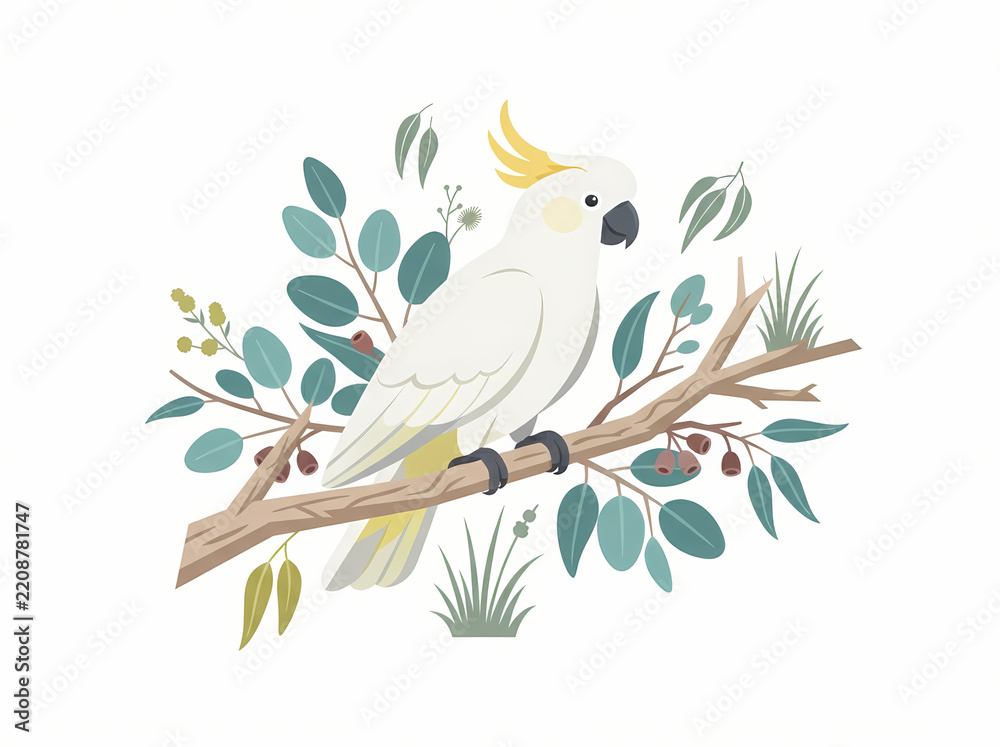 Fototapeta premium A detailed illustration of a white cockatoo perched on a branch with eucalyptus leaves.