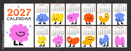 Funny 2027 calendar with cute characters. Yearly planner calendar with all months and week start on Sunday