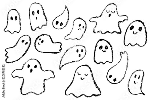 Funny crayon ghost set. Halloween cute hand drawn ghosts collection
