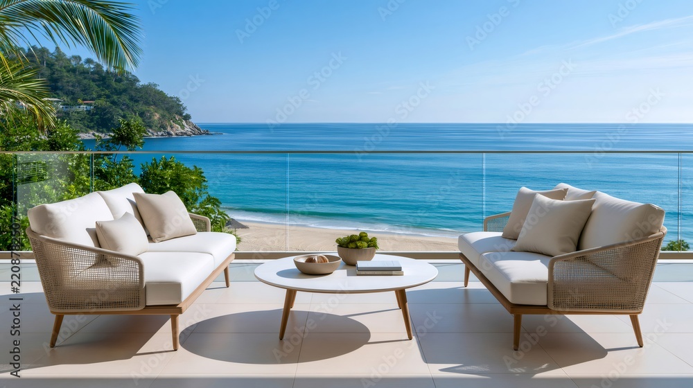 Fototapeta premium Luxury seaside terrace overlooking tropical ocean view beach