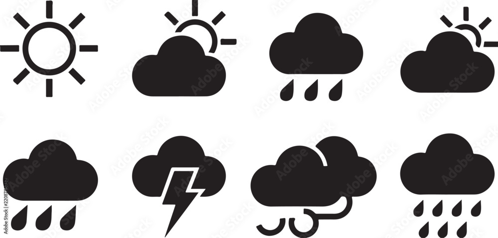 Obraz premium Climate Conditions and Seasonal Weather Vector Design and Illustration Featuring Wind Storm and Heavy Rain Icon Set