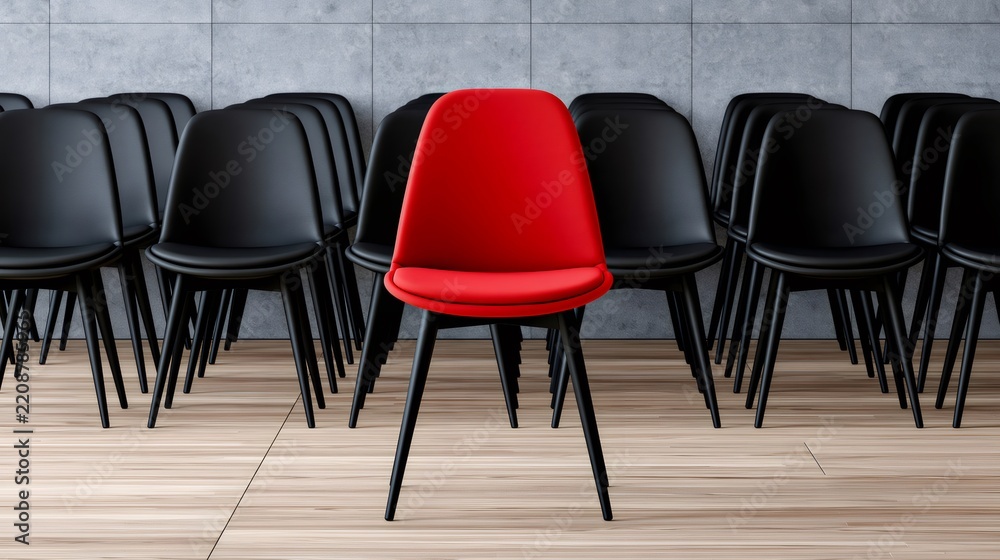 Obraz premium Red chair standing out among black chairs symbolizing uniqueness