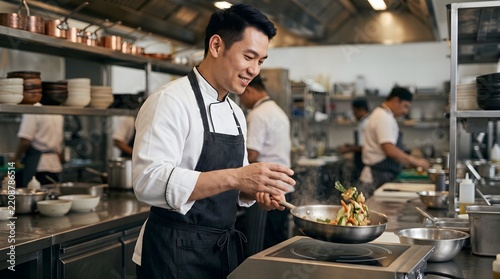 Focused male Asian chef actively cooking and tossing ingredients in a skillet over a gas stove burner in a restaurant kitchen