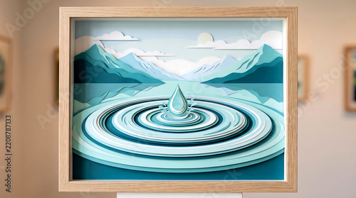 Papercut landscape with water ripples design. blue and white layered paper art featuring mountain