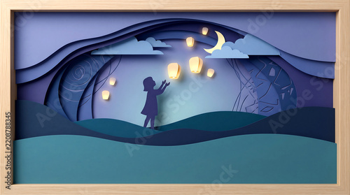 Silhouette releasing glowing paper lanterns under a crescent moon featuring night, cut