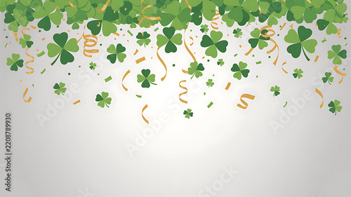 St patricks day festive background with falling green shamrocks and gold streamers st patricks shamrock st-patricks celebration confetti streamers background decoration seasonal ornament