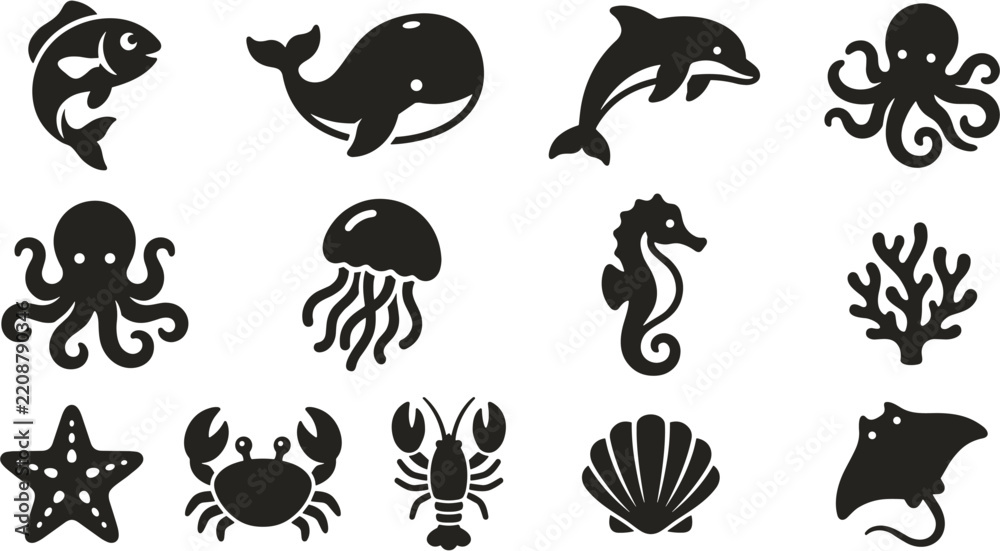 Fototapeta premium Set of black marine life silhouettes and ocean creatures with sea animals wildlife silhouettes underwater animals aquatic life icon set deep sea jellyfish seahorse starfish seashell stingray