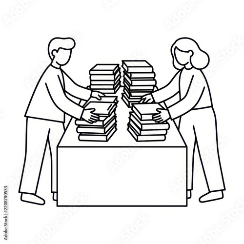 People stacking books on table line art illustration