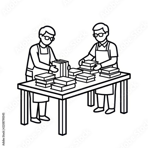 Librarians sorting books on table outline vector