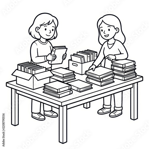 Two women sorting and organizing books on a table