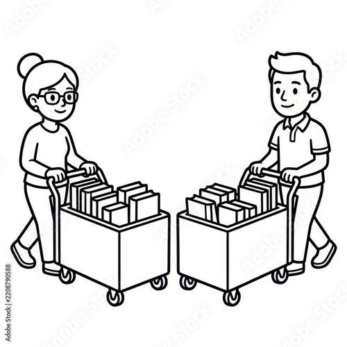 People pushing book carts outline illustration