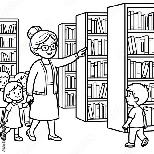 Teacher showing library books to children coloring page