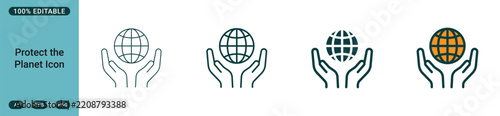 Protect the planet icon set, hands holding a globe symbol representing environmental conservation, sustainability, and global care, vector illustration for ecofriendly design projects