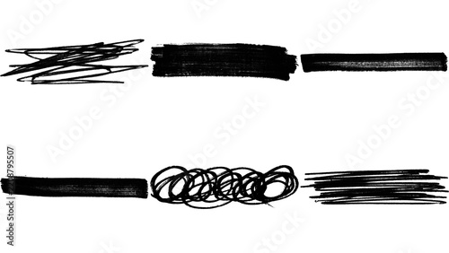Set of black ink brush strokes and hand drawn scribbles for design elements isolated on transparent background