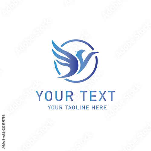 Abstract bird logo design template with blue gradient wings inside a circle for corporate branding and business identity