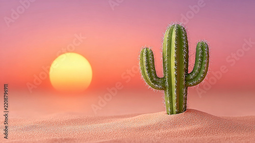 A green cactus stands in sand dunes during a vibrant pink and orange sunset.