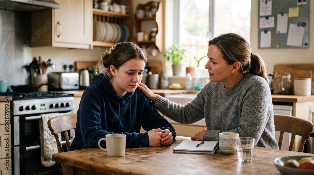 Fototapeta premium Parent Reassuring Teenager Experiencing Bullying and Emotional Stress