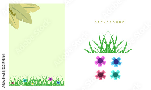 Nature Vector Background with Green Grass, Colorful Flowers and Leaf Elements