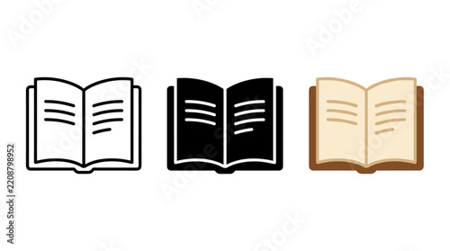 Three variations of an open book icon including linear solid and full color styles