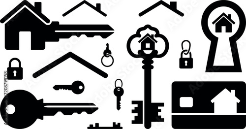 Black silhouettes of house keys locks and roof shapes depict home security and access architecture