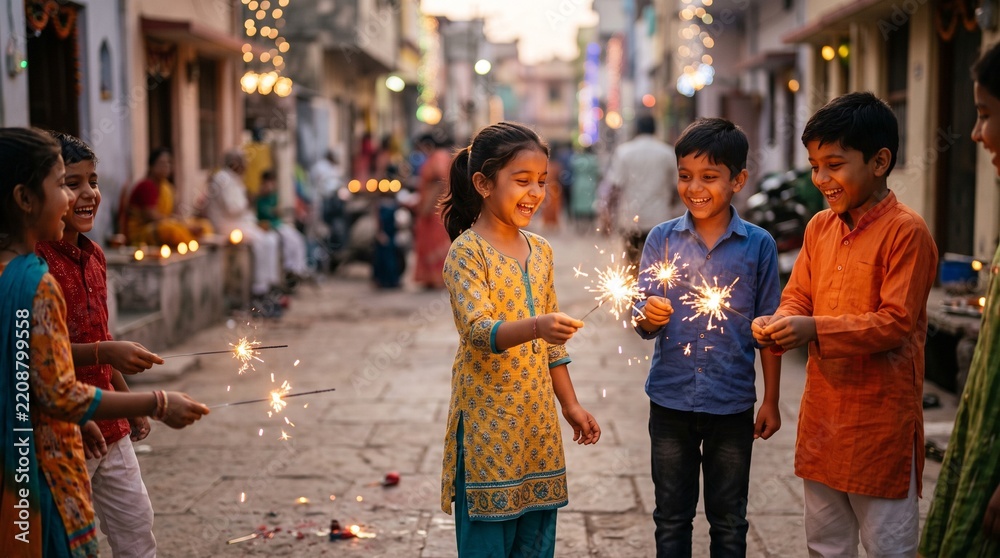 Fototapeta premium Happy Indian children celebrating Diwali festival with sparklers on a decorated street.