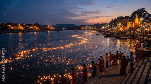 Hindu devotees floating lighted oil lamps in sacred river Ganges during evening prayer ritual.