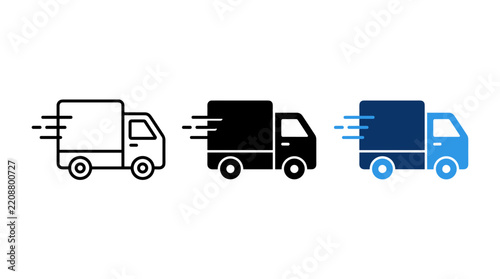Set of three fast moving delivery truck icons in outline solid and colorful