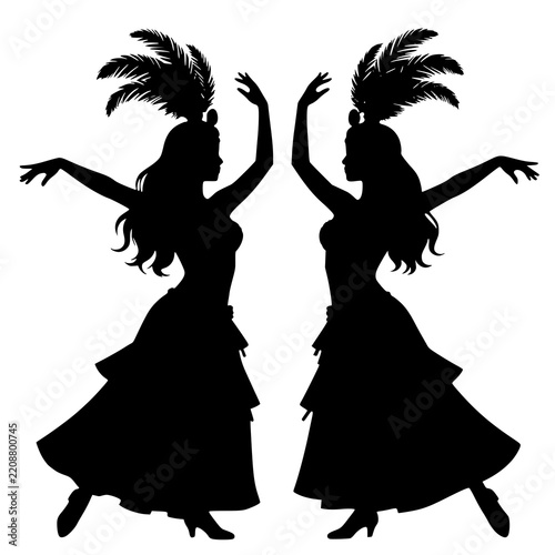 Black silhouettes of two cabaret showgirls in feathered headdresses and tiered dresses - design for carnival party invitations, dance studio posters, and retro theater flyers. Transparent PNG version.