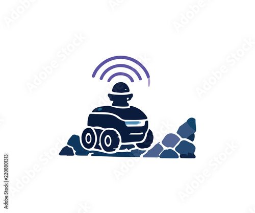 Autonomous Rover Robot Exploring Rocky Terrain with Wireless Signal Icon, Flat Vector Illustration for Industrial Automation Technology Concept