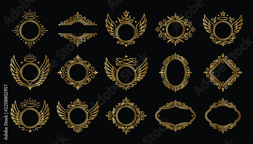Vintage gold ornate frames with wings and crowns for elegant luxury label design.