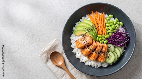 Salmon Poke Bowl with Avocado Edamame and Vegetables on Rice Top View Flat Lay Healthy Food
