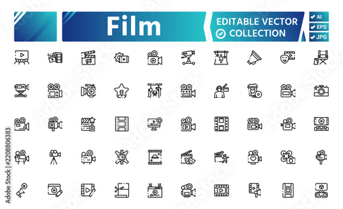 Film Line Art Icons Set – Cinema, Movie Production, Filmmaking and Entertainment Outline Symbols