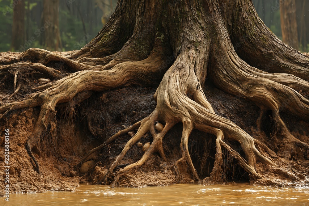 Fototapeta premium Giant tree roots tangled in soil nature woodland forest landscape