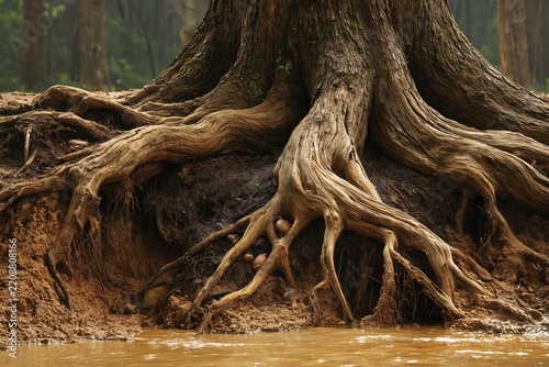 Giant tree roots tangled in soil nature woodland forest landscape