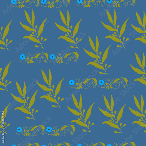 Seamless Pattern with Green Leaf Branches and Blue Floral Swirl Borders on Blue Background