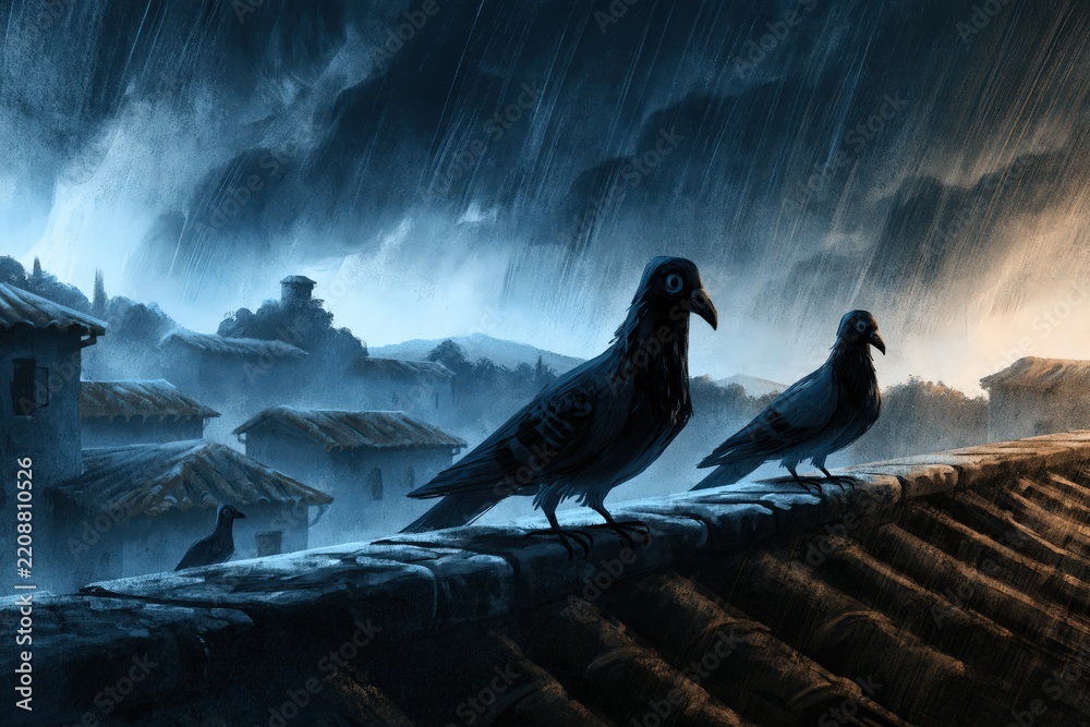 Obraz premium Black birds perched on rooftop during heavy rainstorm moody art