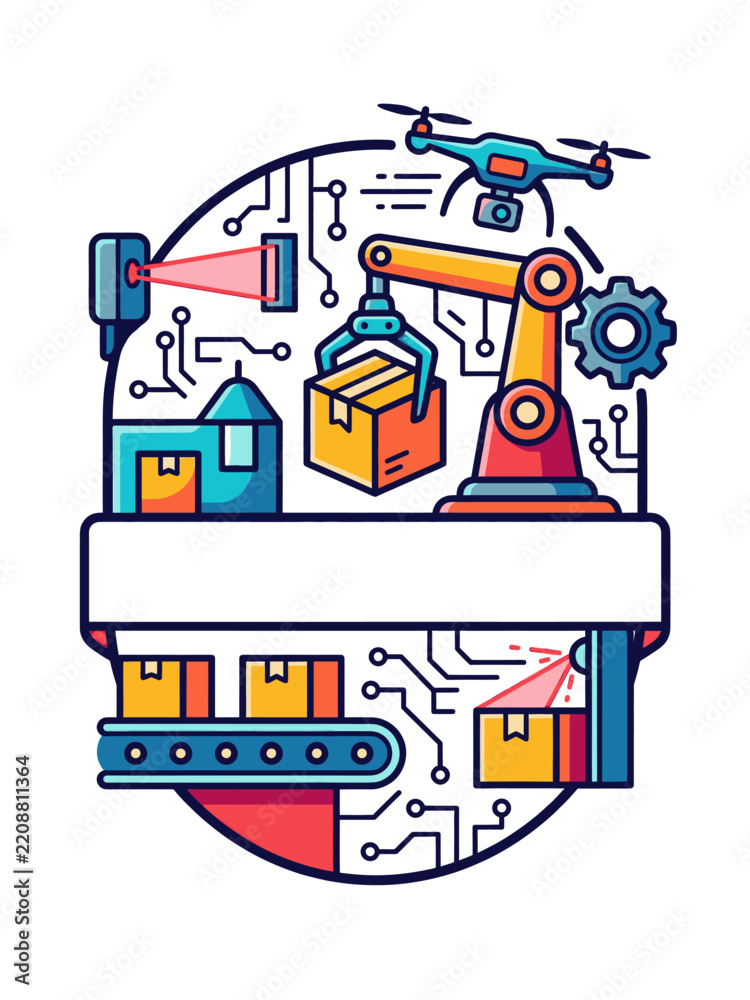 Fototapeta premium Automated warehouse logistics system with robotic arms, drones, and conveyor belts