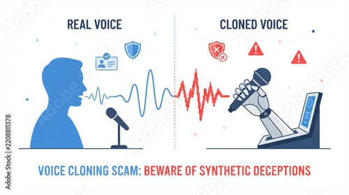 AI voice cloning family emergency scam vector illustration showing a worried person receiving a suspicious phone call using a digitally cloned family voice. Concept of deepfake audio, AI impersonation